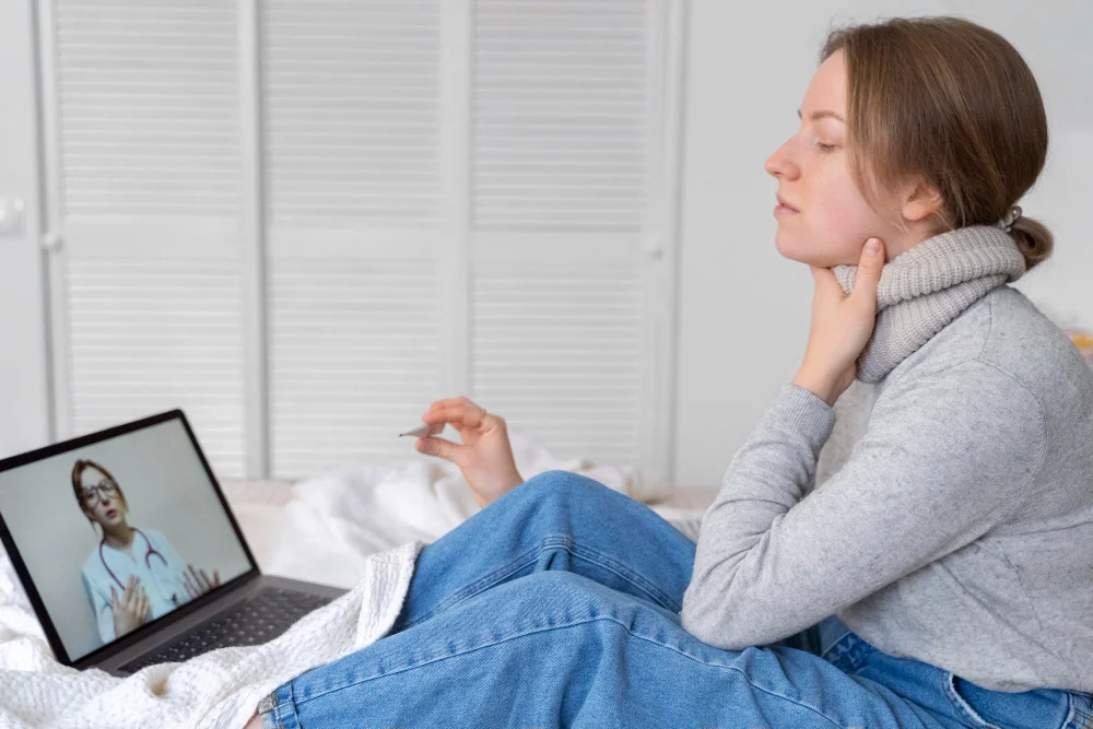 A woman at home talks with a physician on a video call