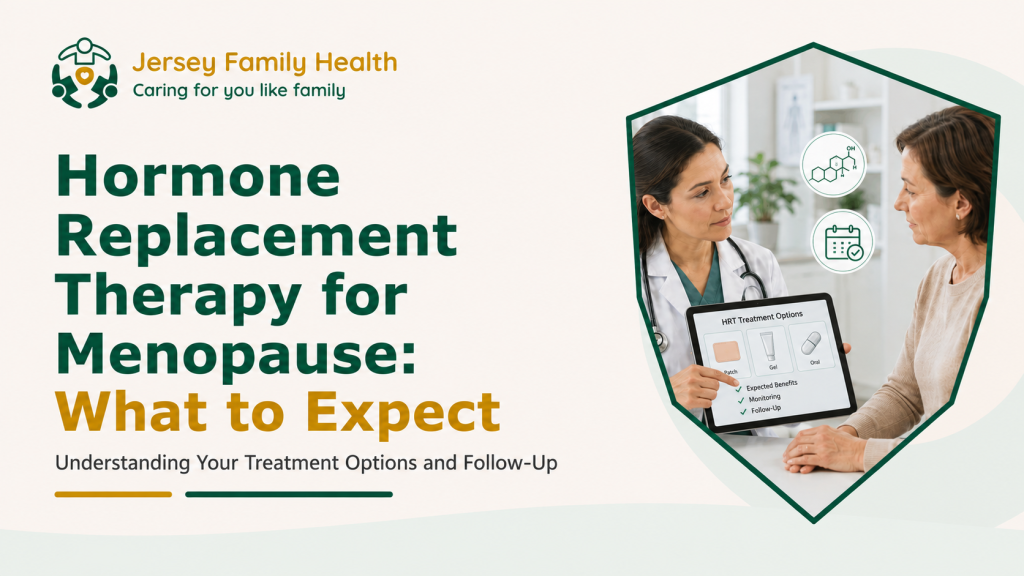 Doctor explaining menopause after hysterectomy and the role of the ovaries to a middle-aged patient at Jersey Family Health.