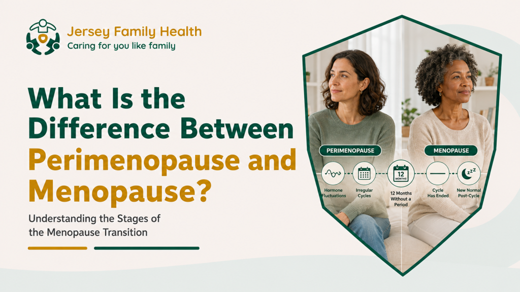 Visual comparison of perimenopause and menopause showing hormonal changes, irregular cycles, and 12 months without a menstrual period.