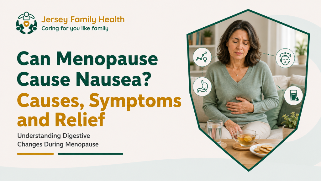 Middle-aged woman experiencing nausea during menopause with water, ginger tea, and crackers nearby.