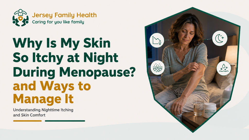 Middle-aged woman experiencing itchy, dry skin at night during menopause, with moisturizer and a humidifier nearby.