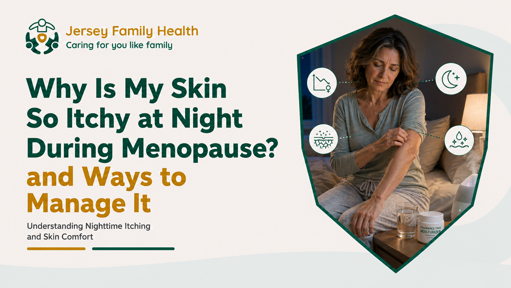 Middle-aged woman experiencing itchy, dry skin at night during menopause, with moisturizer and a humidifier nearby.