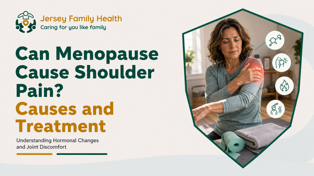 Middle-aged woman experiencing shoulder pain during menopause while performing a gentle stretch at home.
